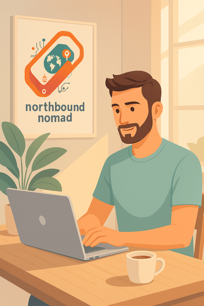 Sebastian Vargas of Northbound Nomad working remotely, embracing the digital nomad lifestyle in a serene outdoor setting.